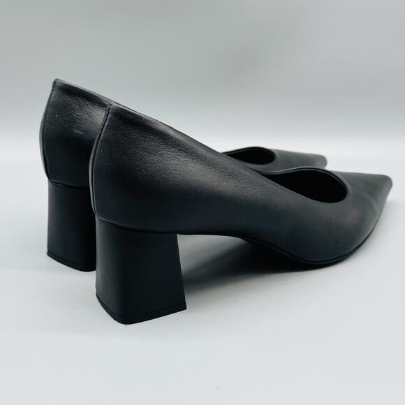 AGL Shoes Womens 8 Black Leather Pumps Pointed Toe Slip On Classic Block Heel - Picture 7 of 11